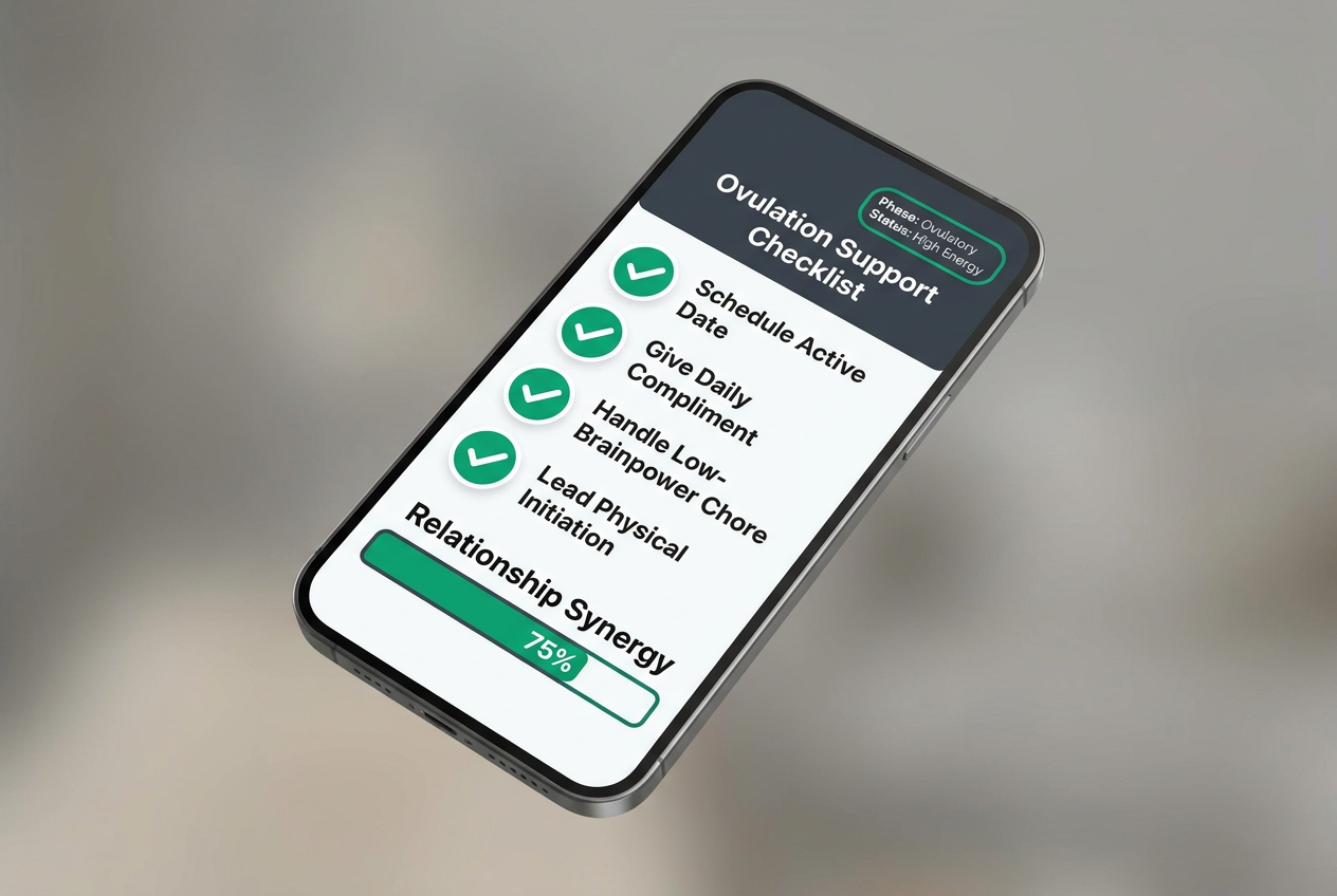 Mobile app style checklist for partners during ovulation, including date scheduling, compliments, and household chores to show support.