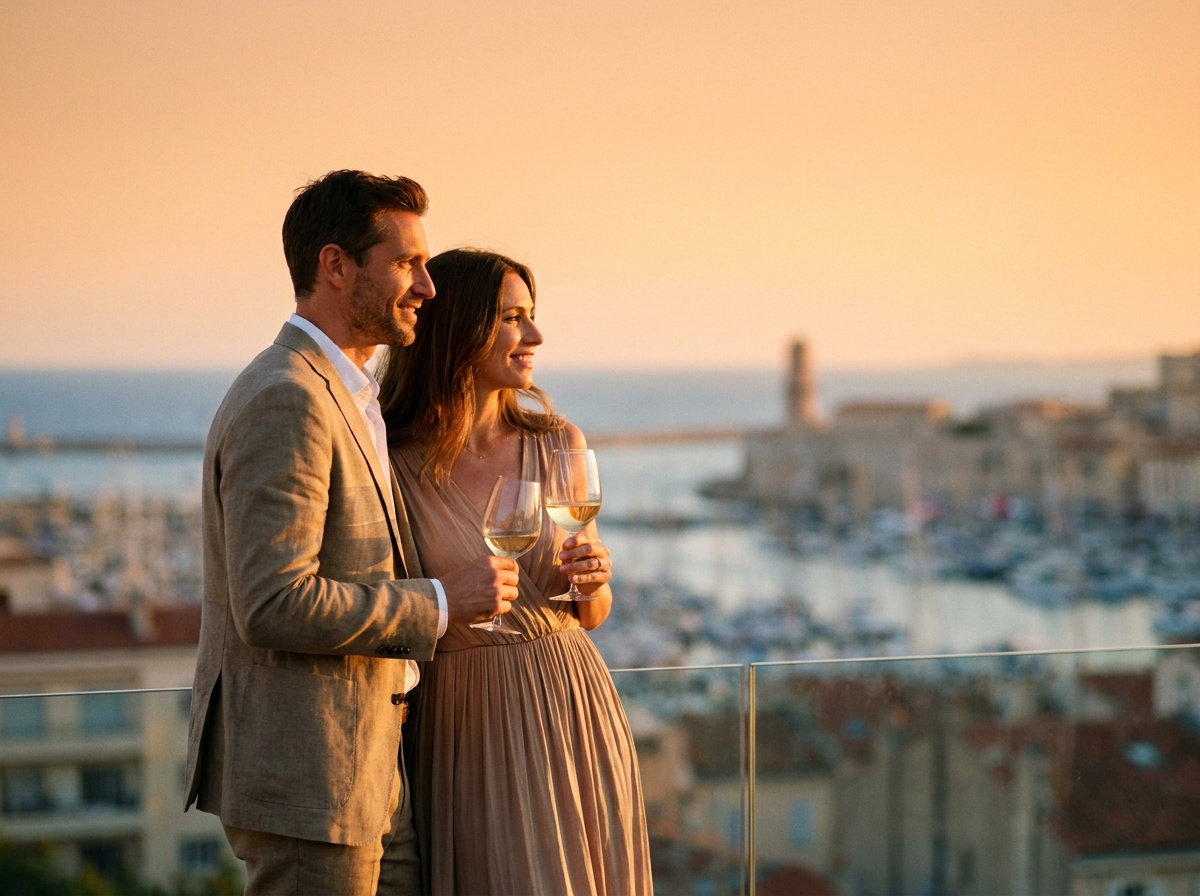 Couple profitant de la vue depuis la terrasse d