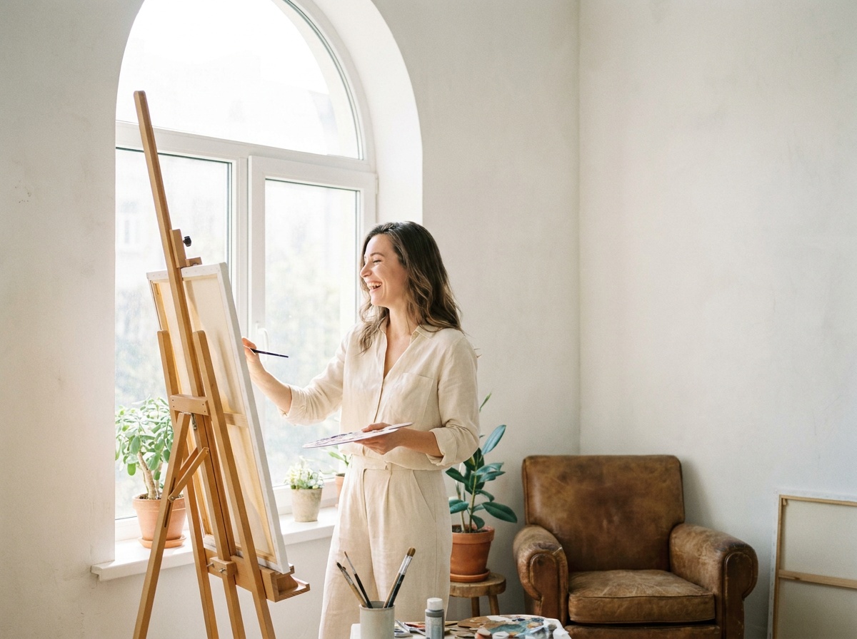 Une femme souriante, épanouie, pratiquant une activité créative dans un atelier lumineux