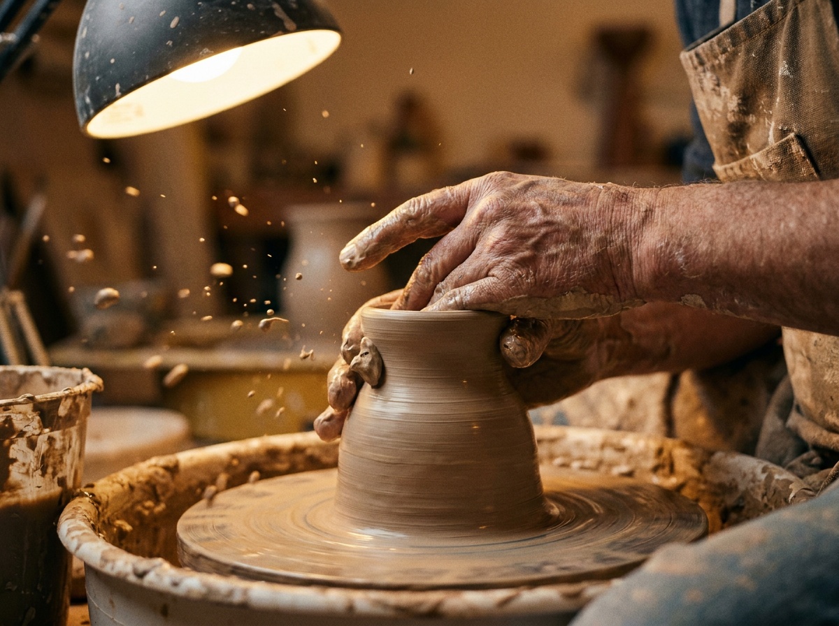 Mains d’un artisan travaillant la poterie sur un tour