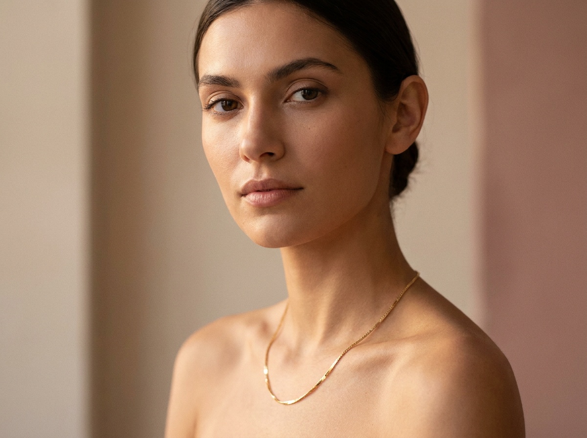 Elegante Frau trägt ein zartes Schmuckstück von Beauté Charmante, natürliches und sanftes Licht.