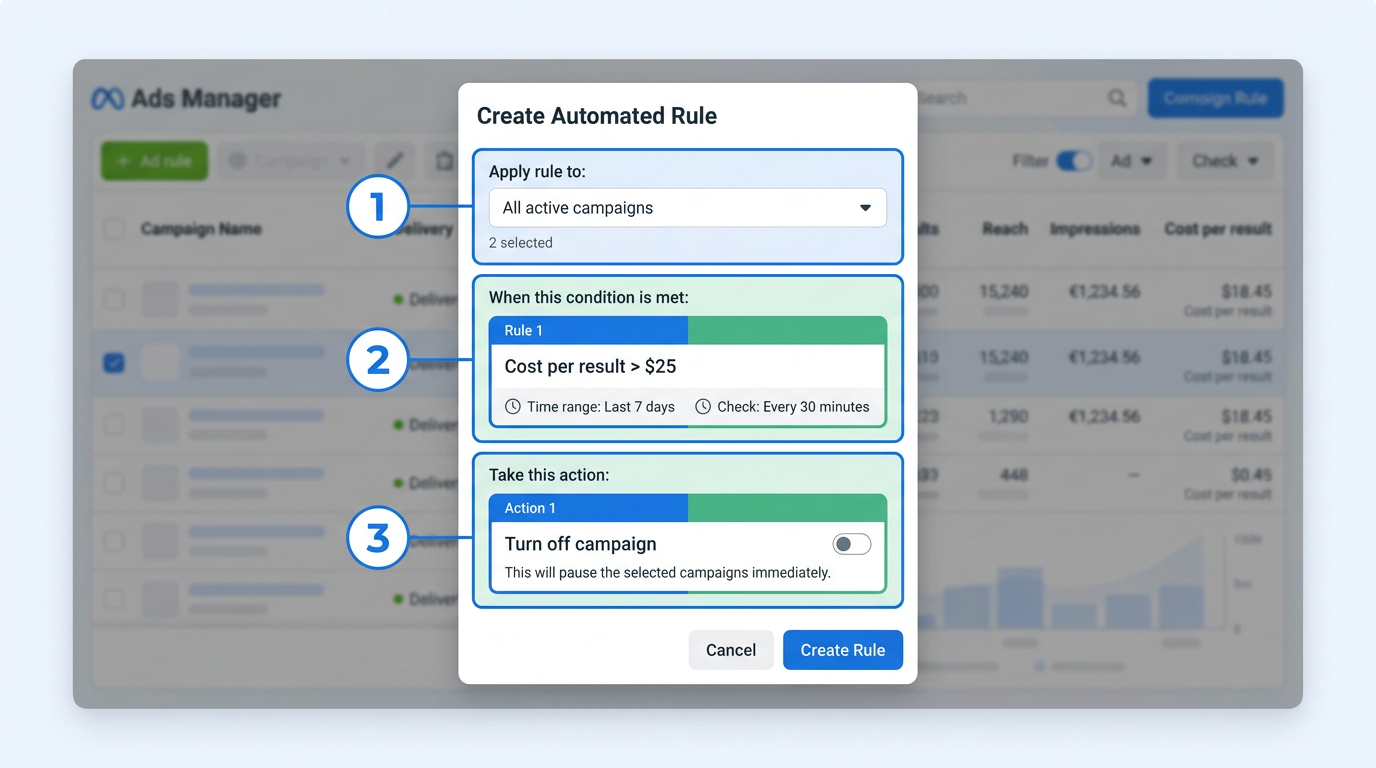 Screenshot showing how to set up an automated rule in Meta Ads Manager.