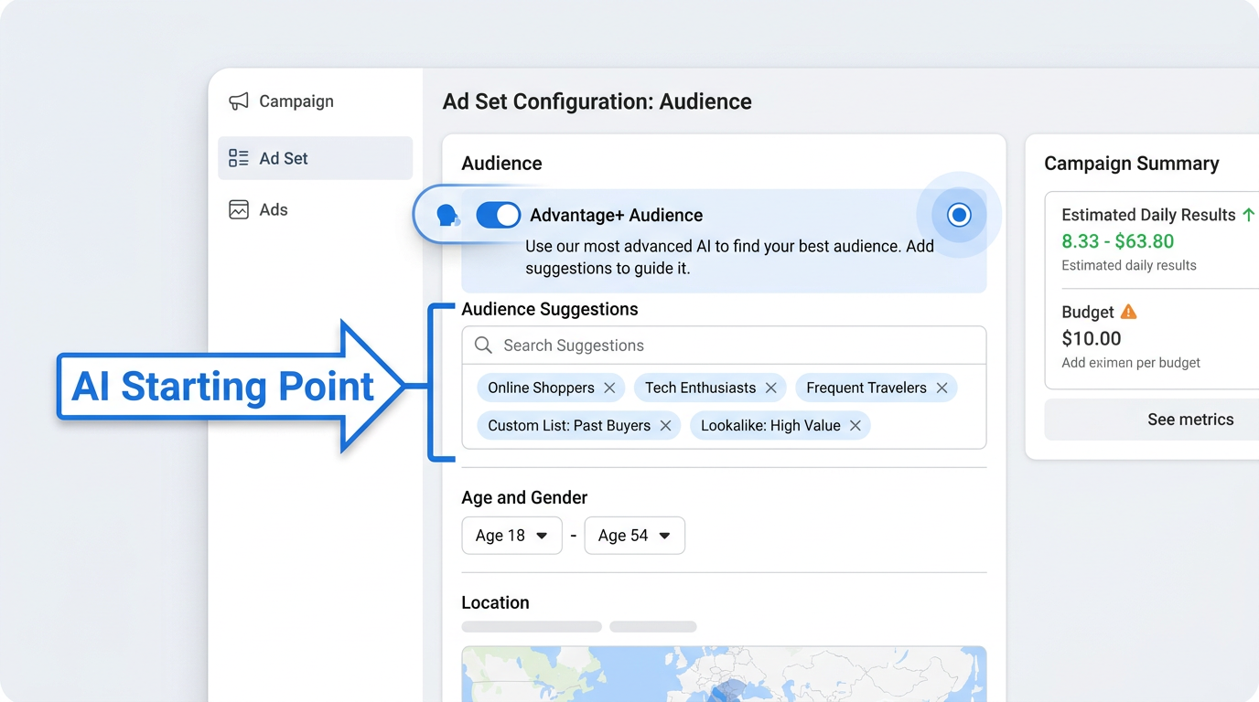 Screenshot of enabling Advantage+ Audience in Meta Ads Manager.