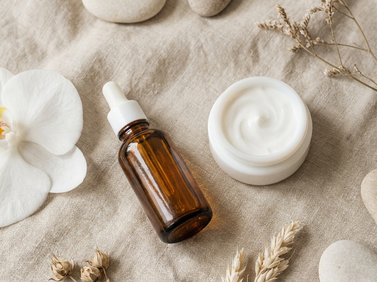 Composition de produits de beauté de luxe sur fond texturé