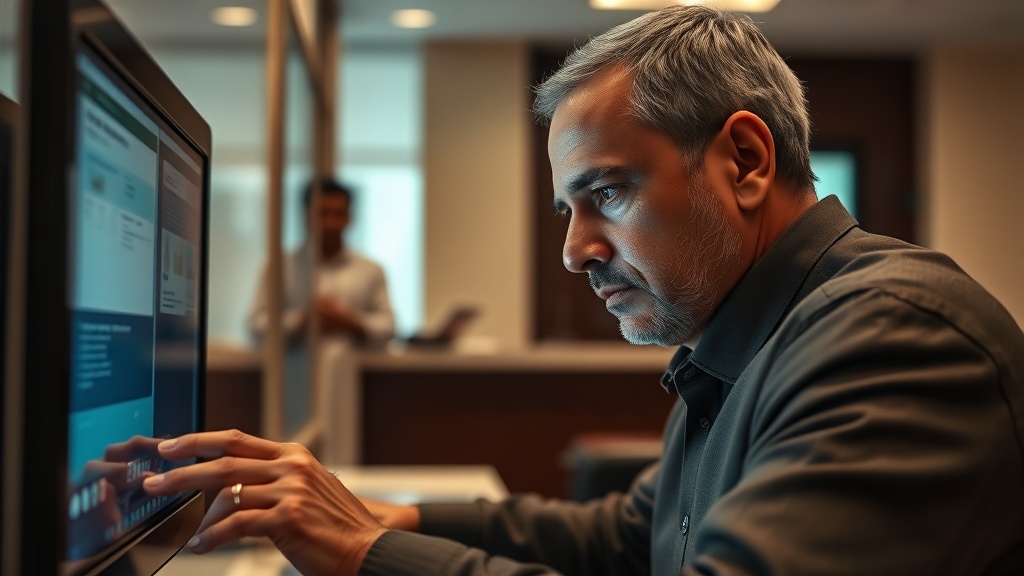 A detailed, documentary-style image of an individual interacting with a digital interface at a consulate, representing the transition to digital OCI applications for the Indian diaspora in Canada.