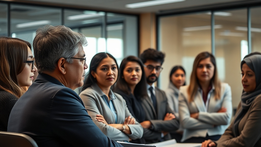 A documentary-style image capturing a diverse group of people at a Canadian immigration consultation workshop, with RCIC professionals advising them on their applications in a modern office setting.