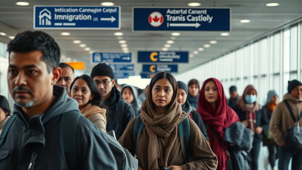 A high-resolution, documentary-style image capturing diverse immigrants arriving at a bustling Canadian airport, with visible immigration signs and officials assisting newcomers.