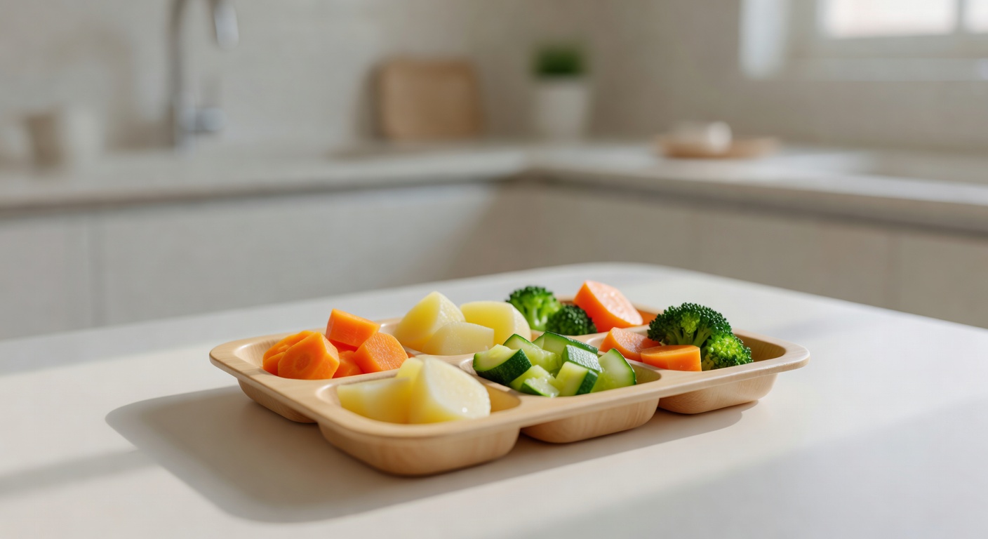 colorful soft-cooked vegetable pieces arranged on a baby food tray on a white table