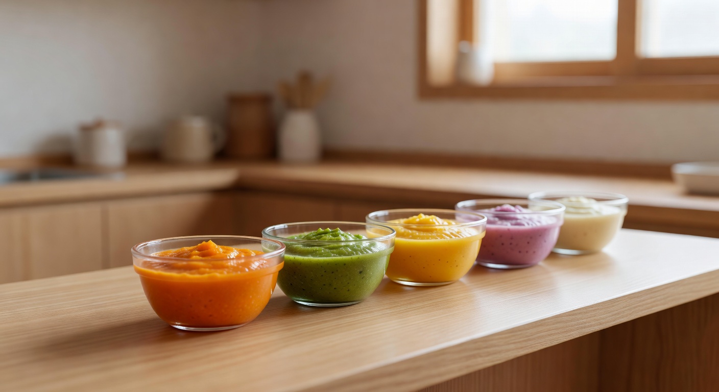 small glass bowls with colorful pureed vegetable baby food arranged on a wooden kitchen counter