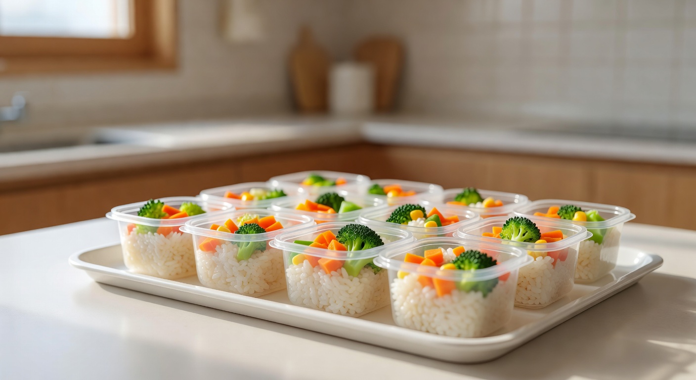 small baby food containers with colorful vegetables and soft rice arranged on a white tray