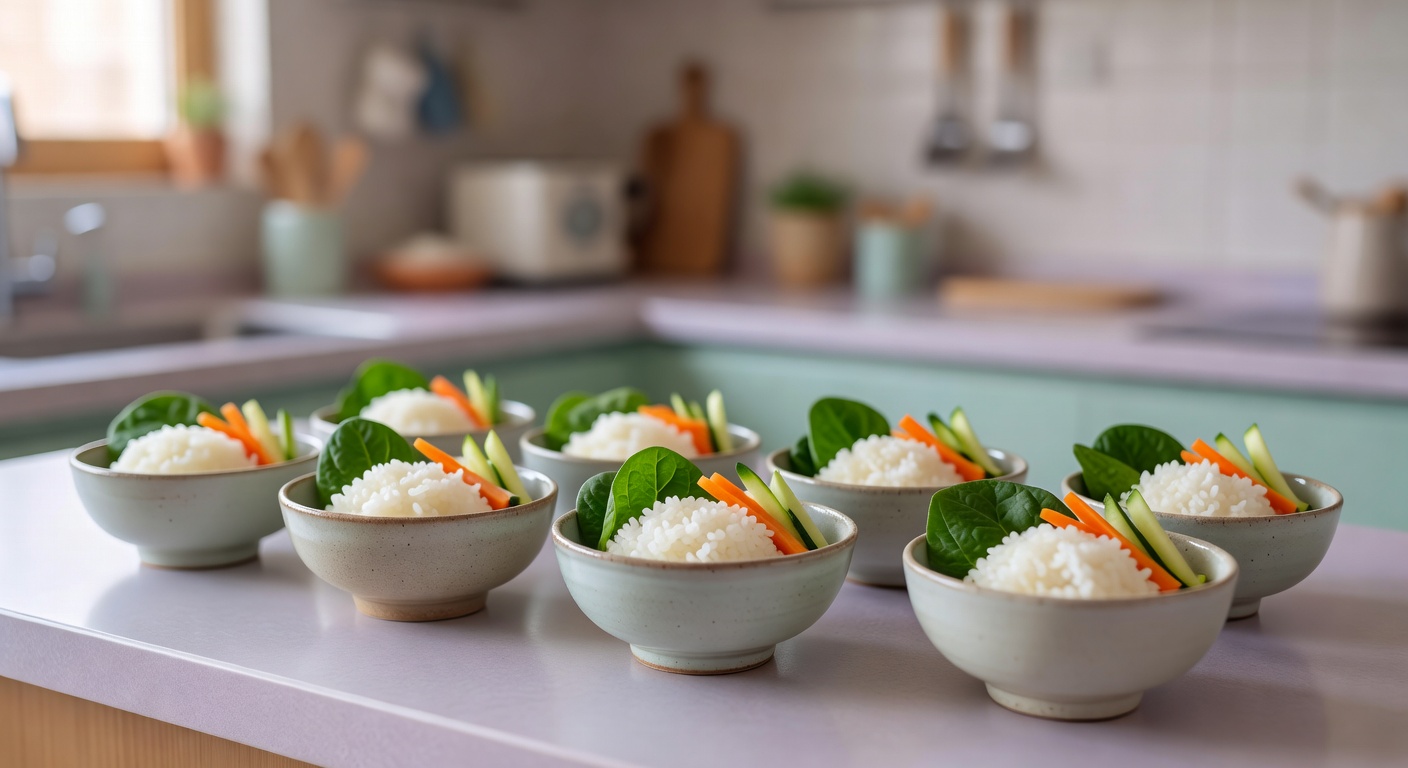 small ceramic bowls with soft rice and vegetables on a pastel kitchen countertop