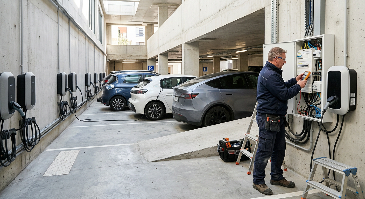 Garage collectif en copropriété avec plusieurs bornes de recharge électrique IRVE installées et un professionnel vérifiant l'installation.