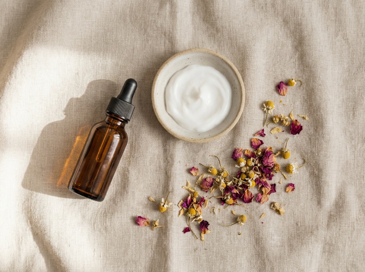 Flat lay de cosmétiques naturels et de pétales sur un fond de lin.