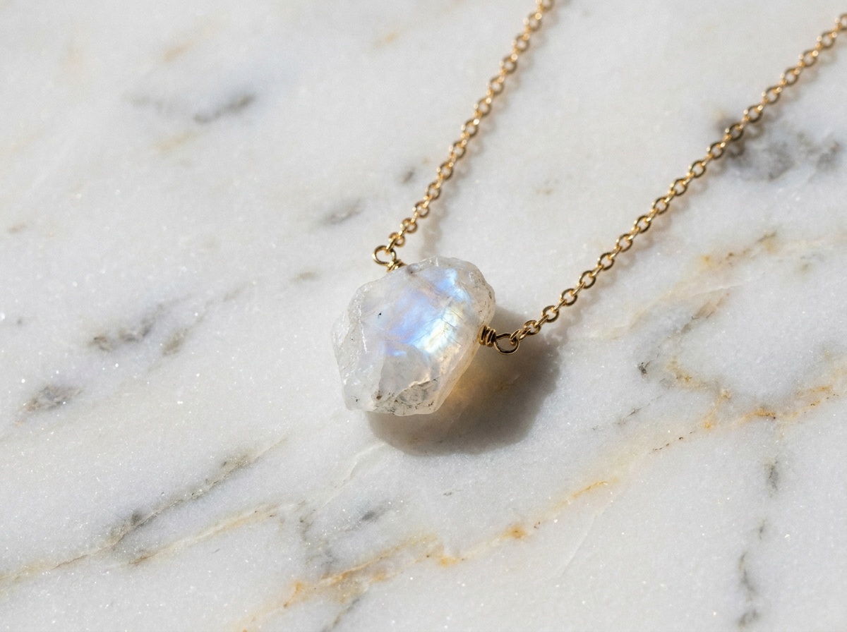 Macro photo d'un collier fin en or avec une pierre de lune.