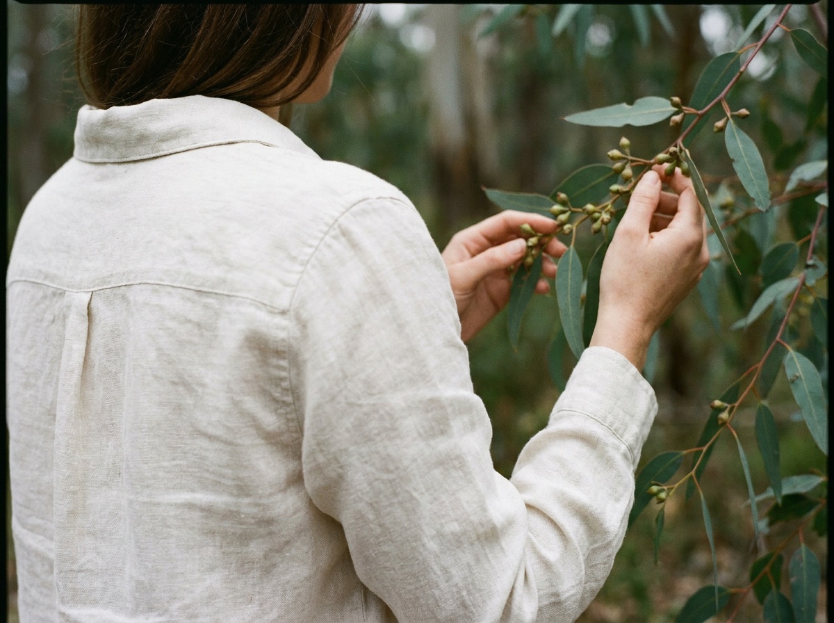 Femme de dos touchant une branche d'eucalyptus, symbolisant la connexion à la nature.