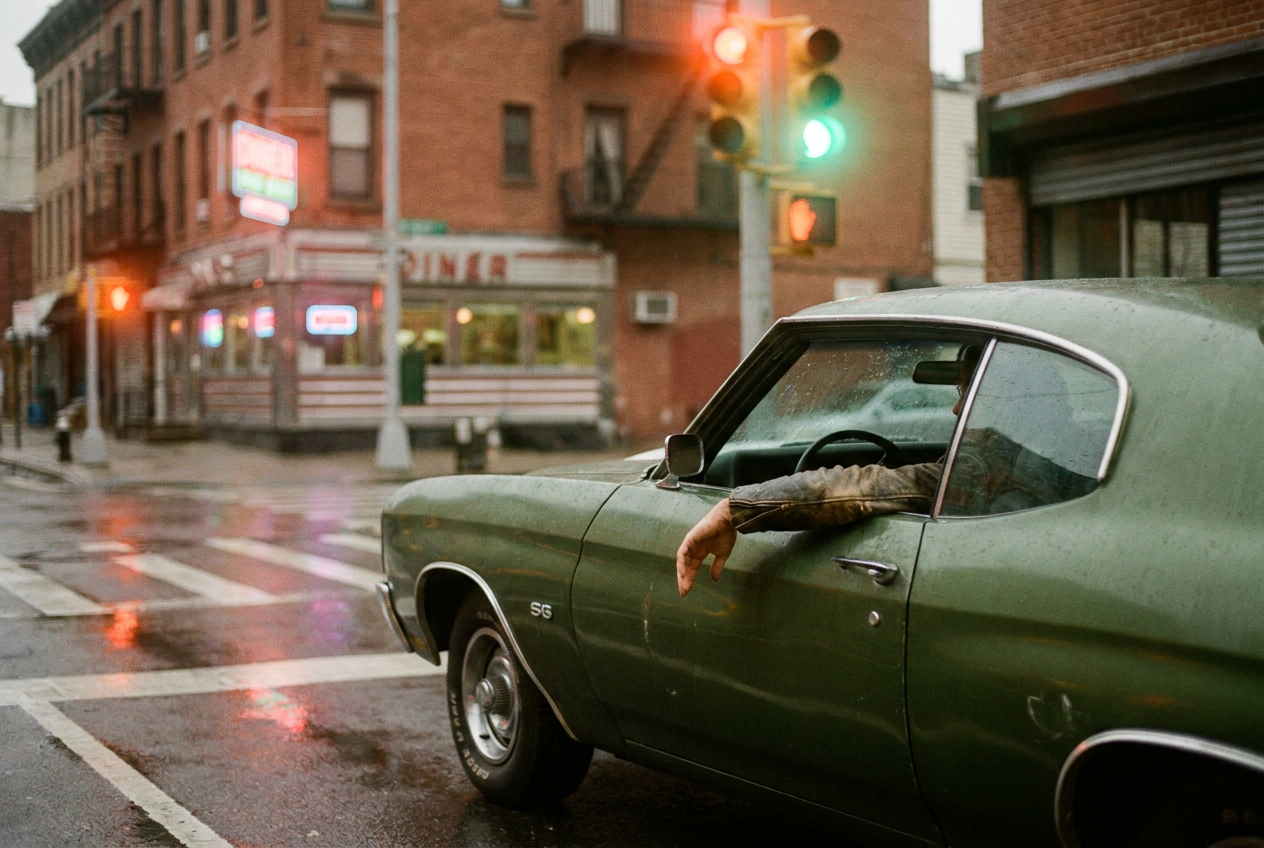 alt text: Side-by-side comparison of a 1970s style muscle car on a city street, one version crisp and film-like, the other with subtle digital distortion artifacts on the license plate and stoplight