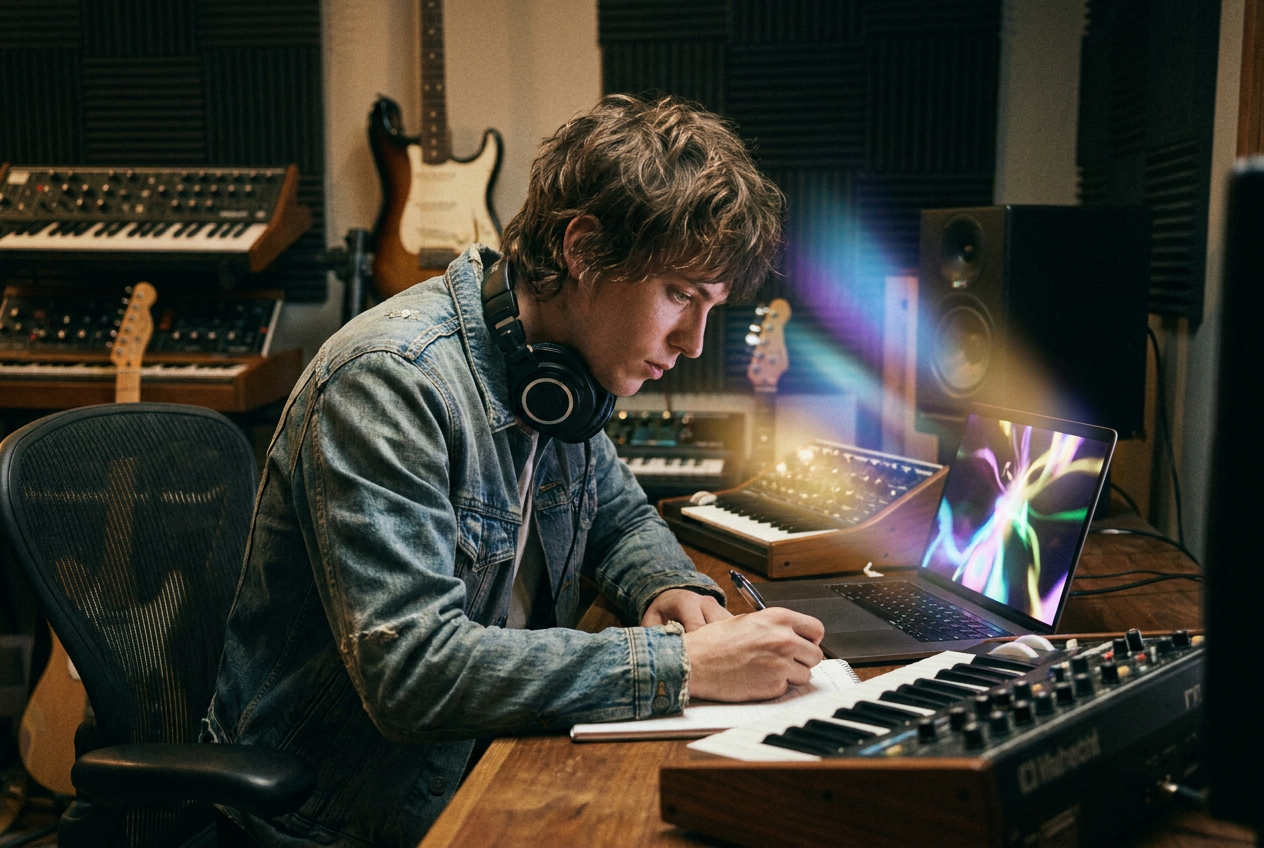 alt text: A musician working on a laptop with AI-generated music video visuals on screen, surrounded by colorful holographic projections