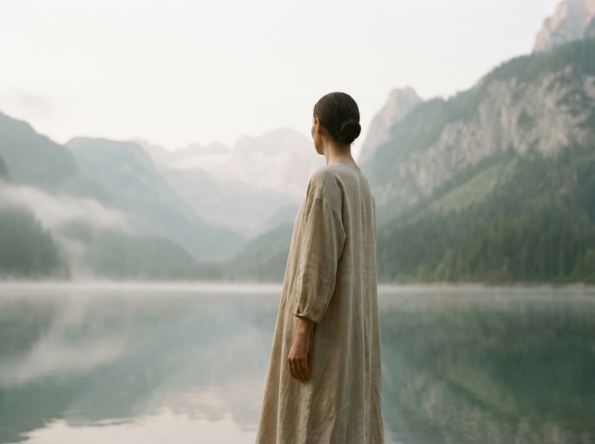 Femme sereine contemplant un paysage naturel apaisant