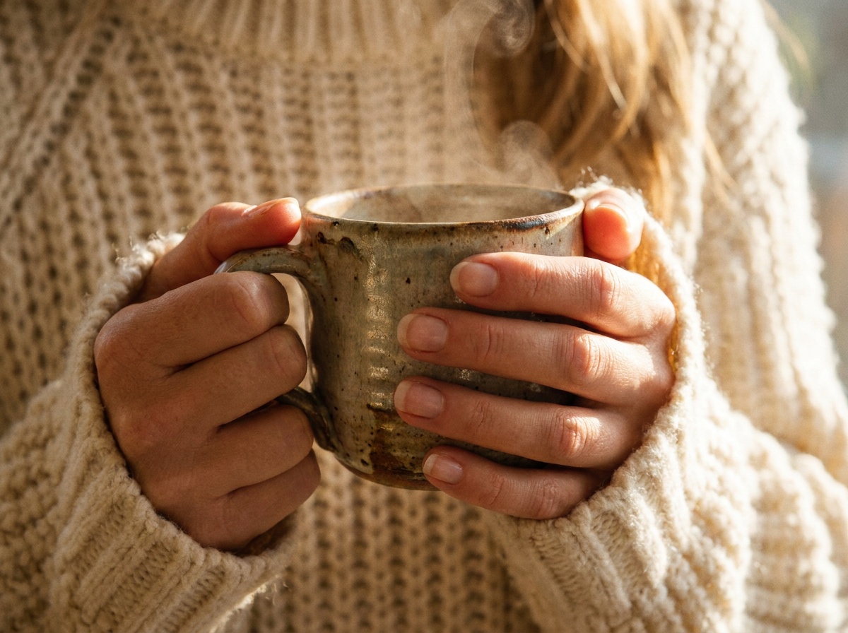 Mains tenant une tasse de thé chaud, symbole de rituel et de soin personnel