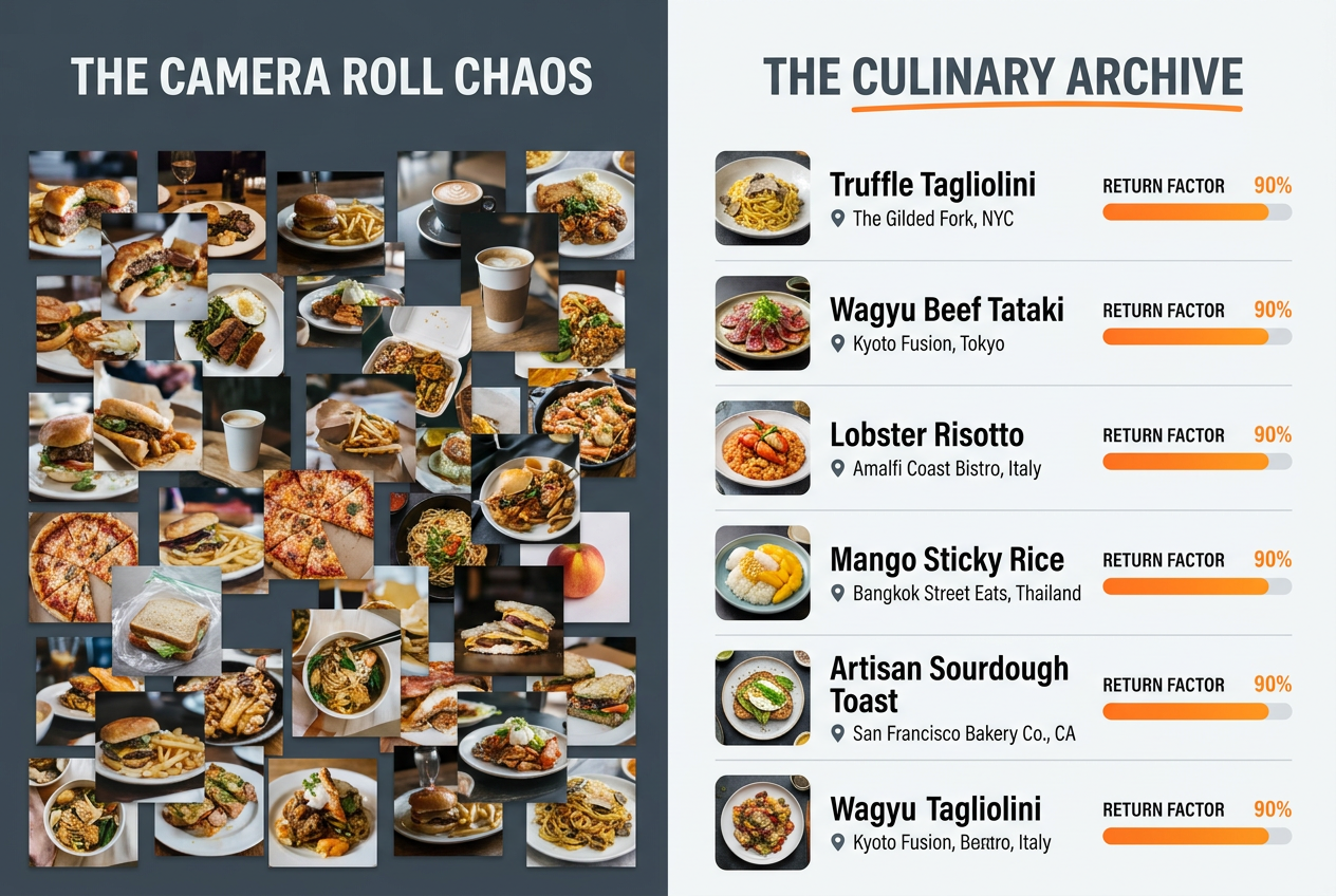 Comparison between a disorganized smartphone camera roll of food photos and a clean, organized digital culinary archive with dish names and ratings.