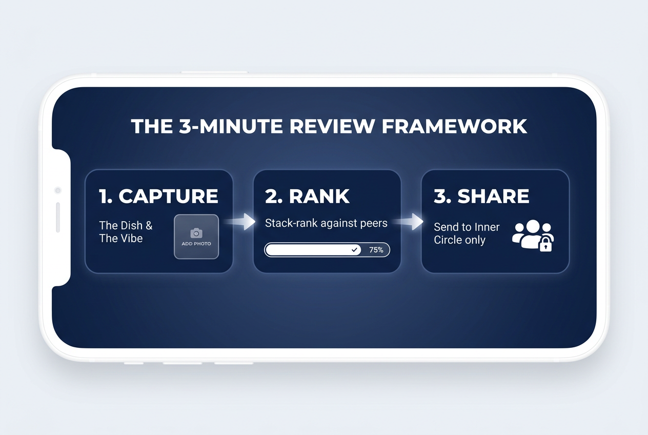 A three-step workflow diagram for a restaurant review framework focusing on capturing the dish, ranking the experience, and sharing with a close circle.