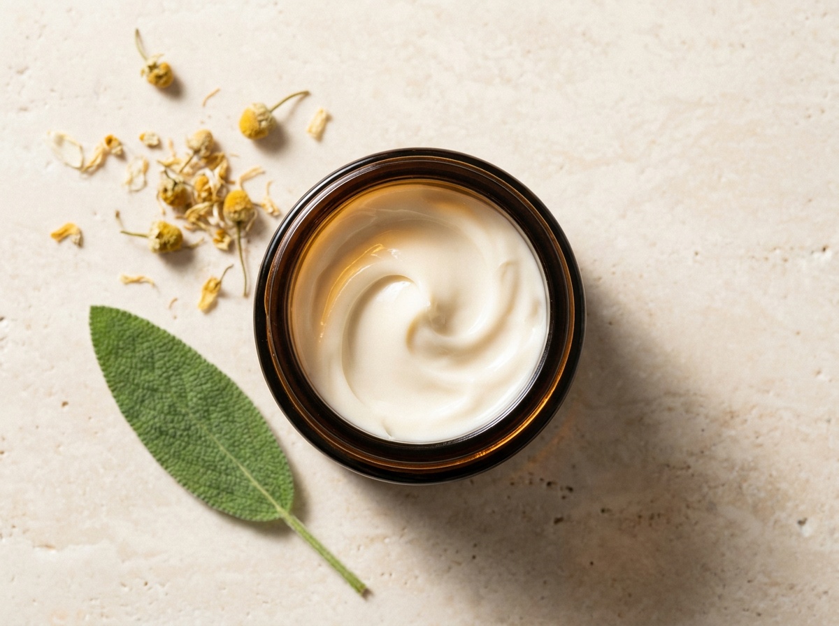 Textur einer natürlichen Kosmetikcreme in einem Glastiegel