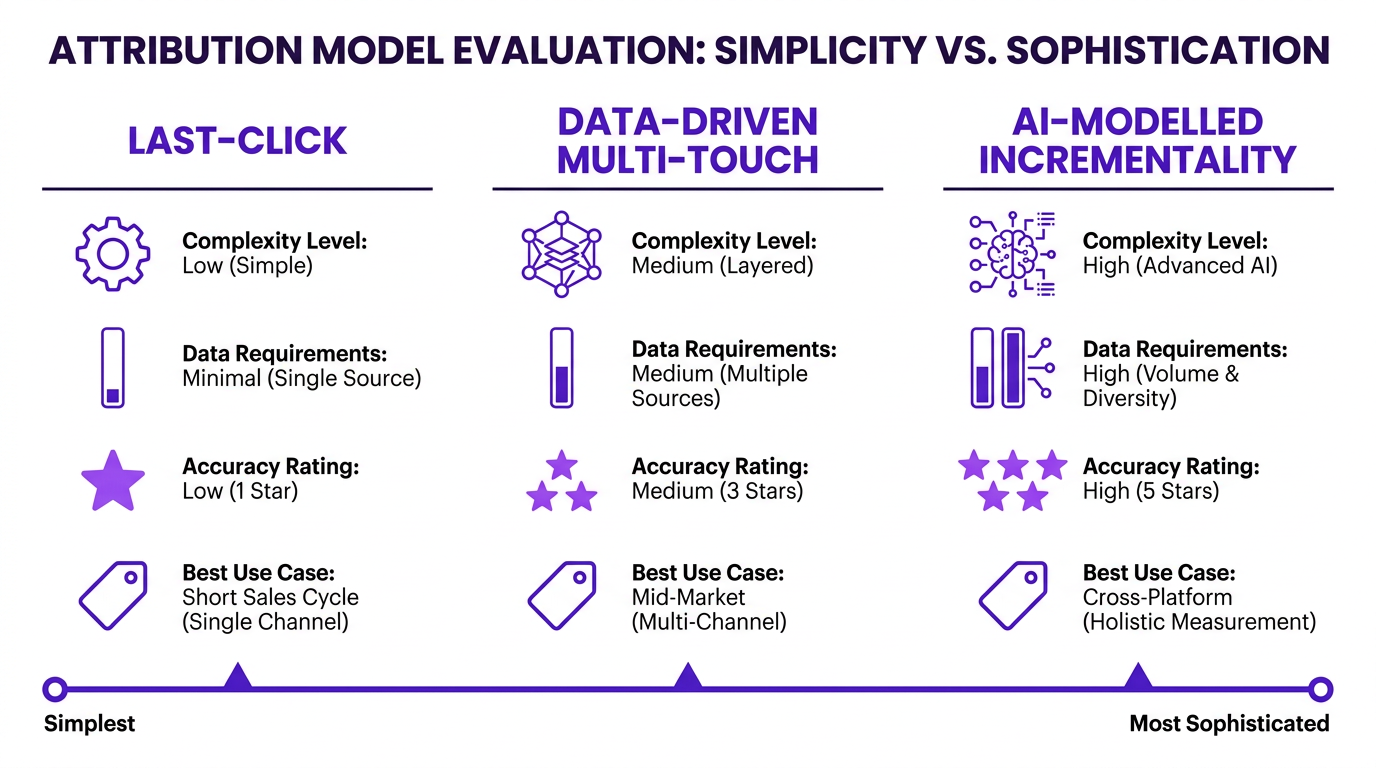 Comparison chart of attribution models showing last-click, data-driven, and AI-modeled approaches for cross-platform conversion tracking.