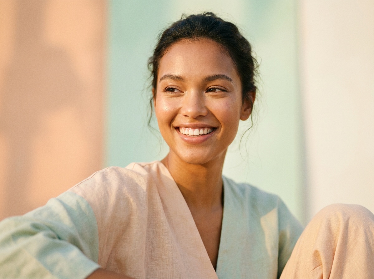 Une femme souriante et radieuse incarnant la beauté joyeuse de Cosmeticherry
