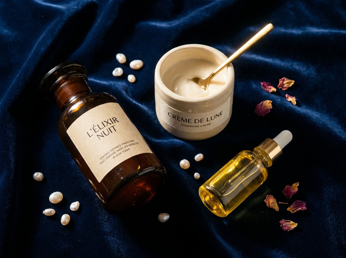 Composition of beauty products on a textured surface