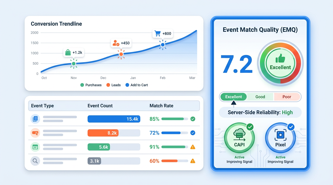 Meta Events Manager dashboard showing Conversion API event match quality and conversion tracking data.