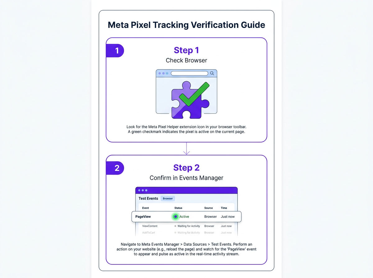 Infographic on how to verify Facebook conversion tracking using Meta Pixel Helper and the Test Events tool.