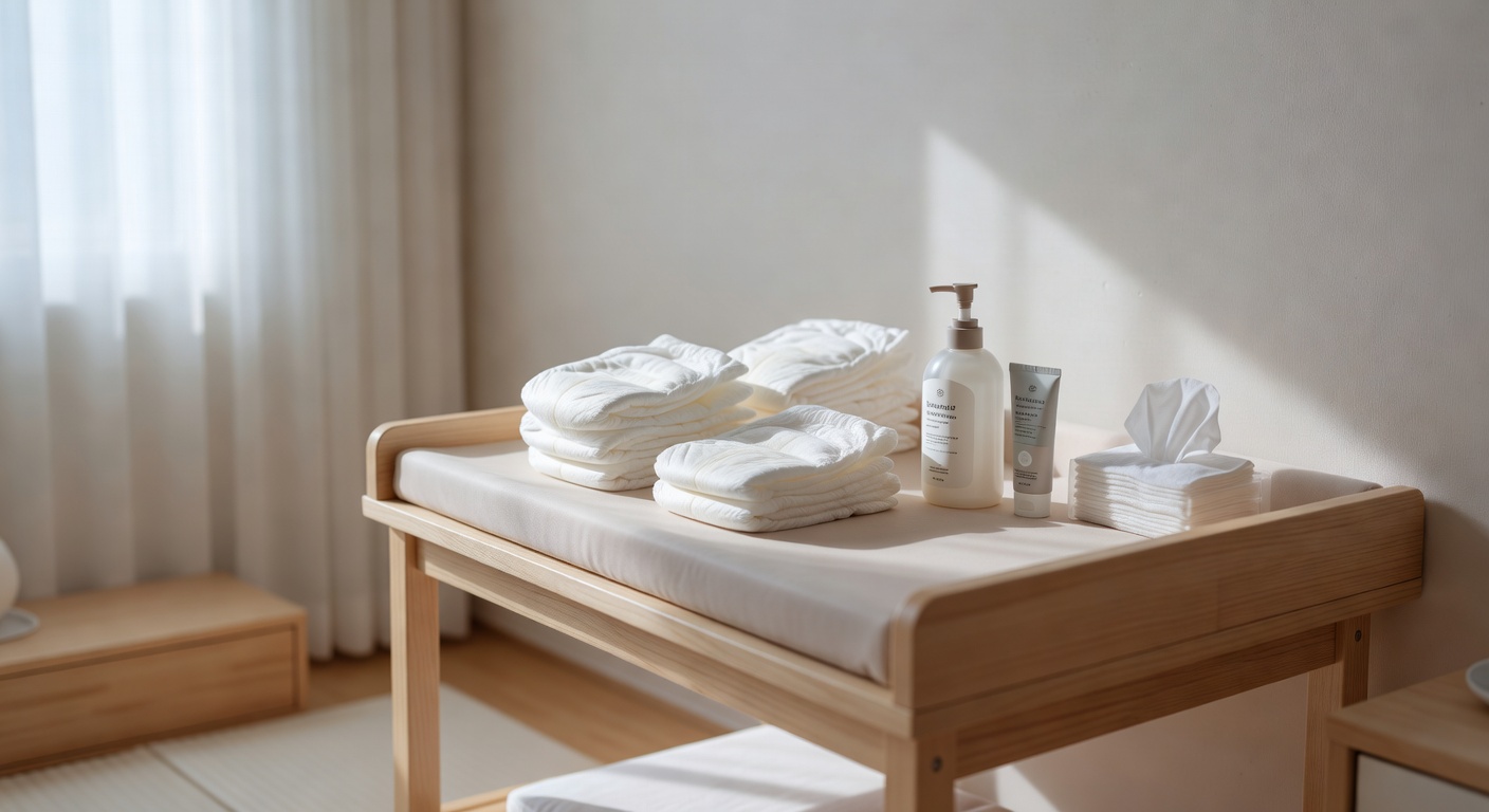 baby changing table with diapers and baby care products in soft-lit nursery room