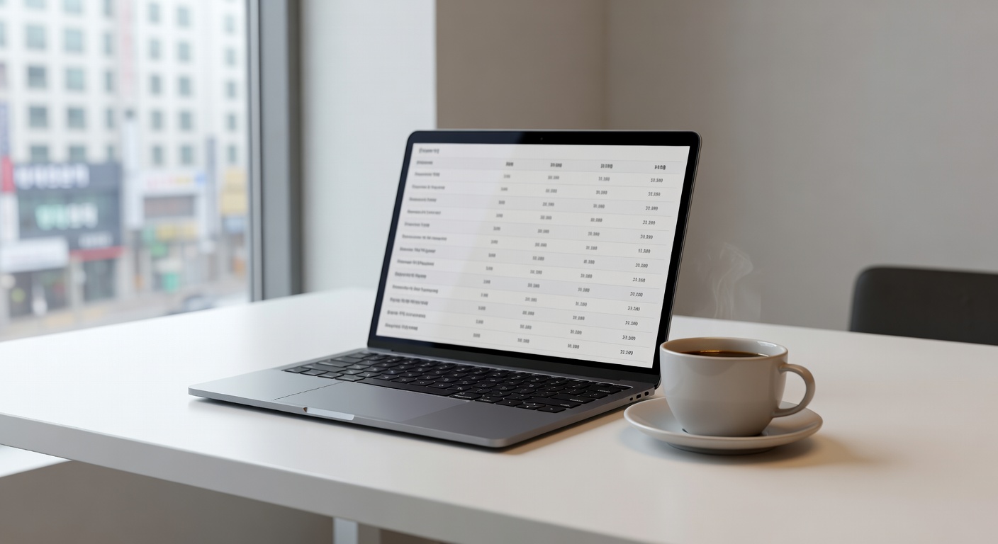 comparison table on a laptop screen placed on a clean white desk with a coffee cup beside it