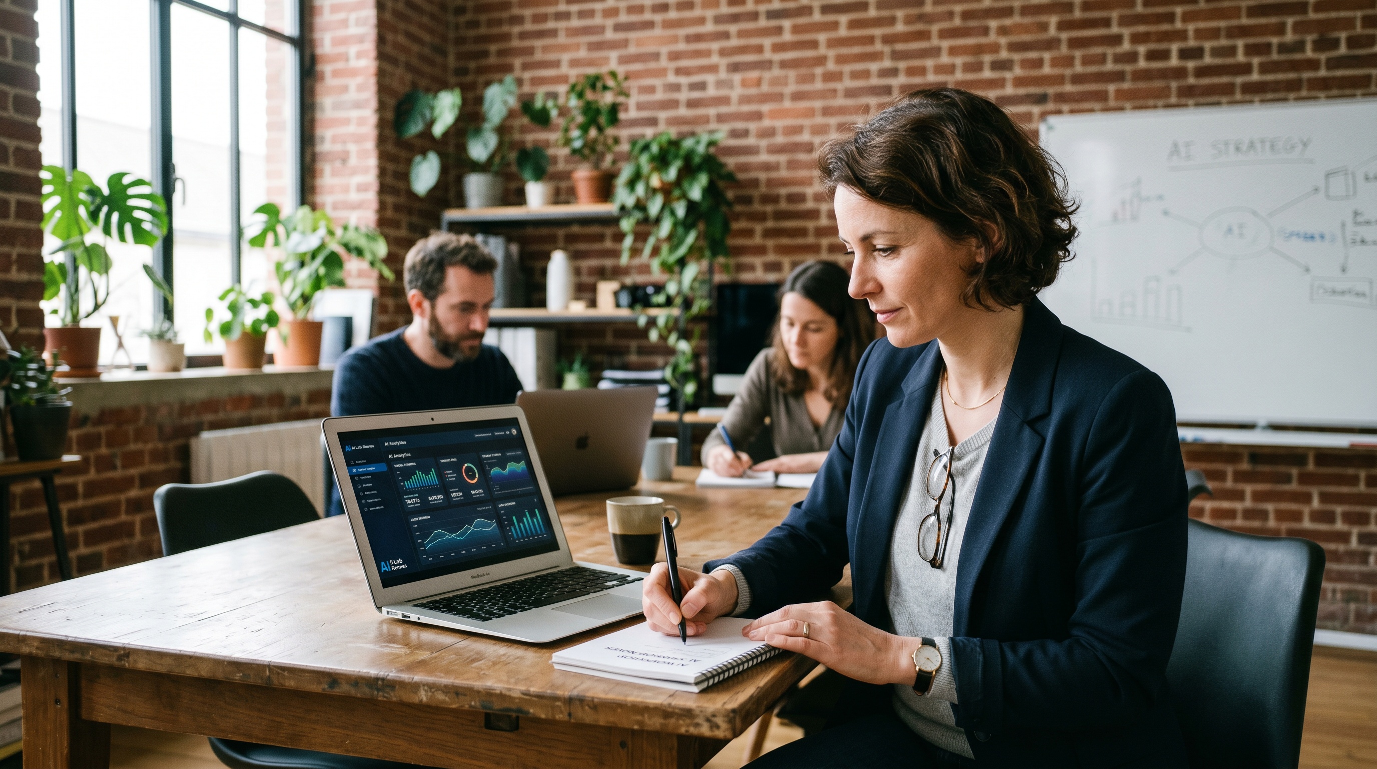 Dirigeant en formation IA à Rennes prenant des notes face à un laptop affichant un dashboard IA, lumière naturelle d'une fenêtre