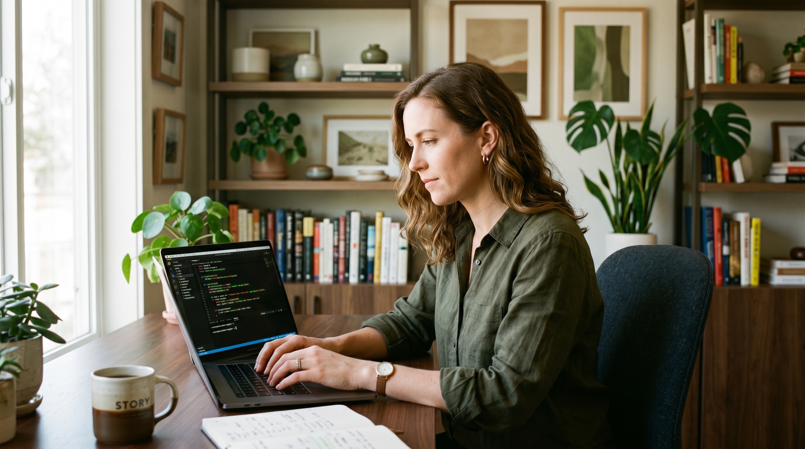 Pro non-développeur en train de coder avec une IA dans son bureau, fenêtre terminal visible à l'écran avec syntaxe colorée, lumière naturelle douce