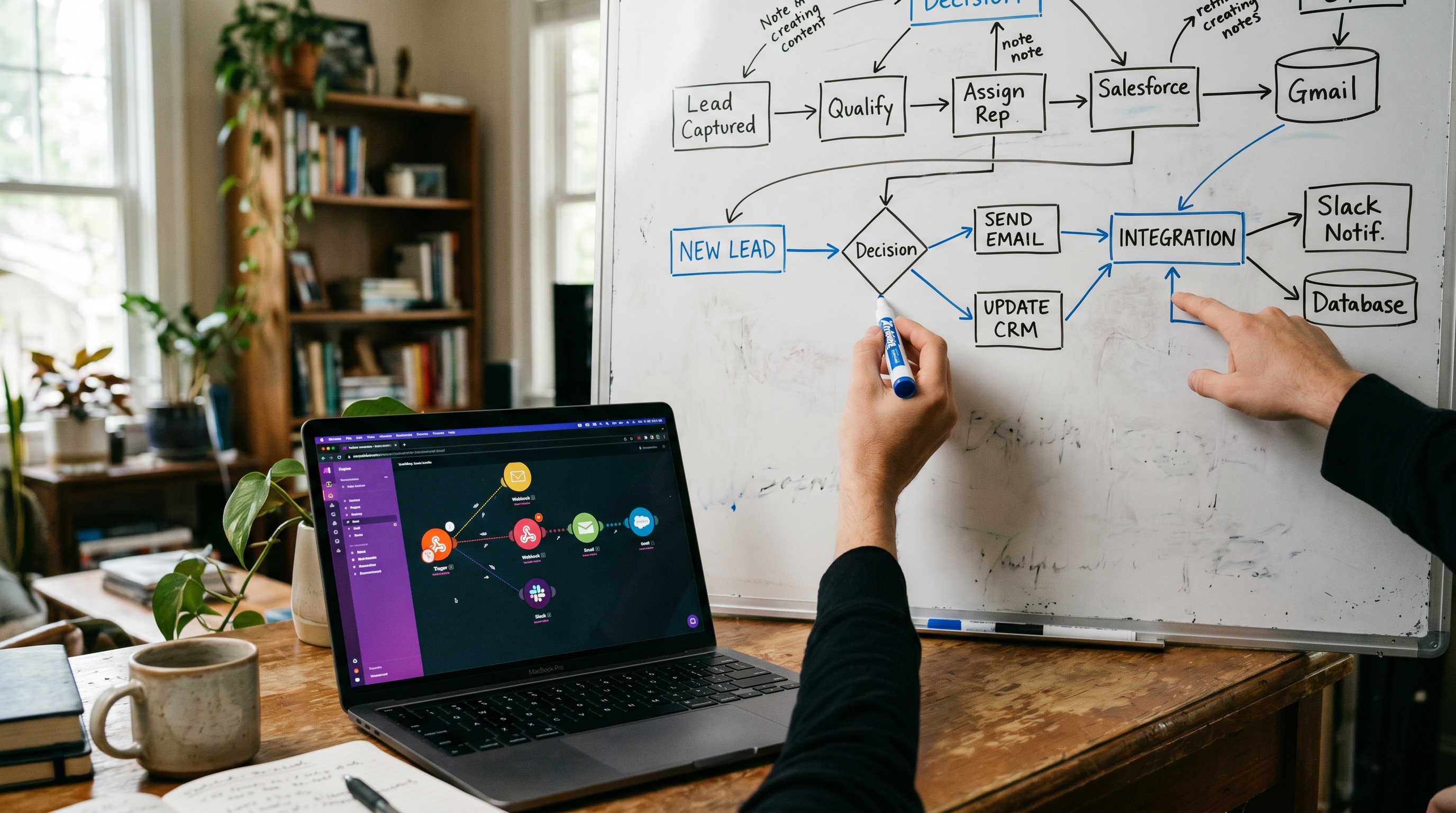 Mains qui dessinent un workflow d'automatisation avec flèches et boîtes sur un tableau blanc, ordinateur portable visible montrant un éditeur de workflow no-code coloré