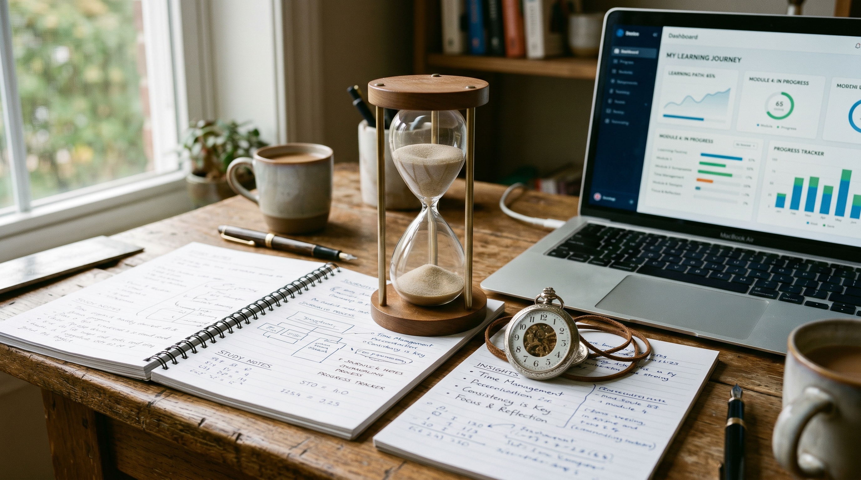Sablier analogique posé près d'un carnet de notes manuscrites et d'une montre à gousset, ambiance contemplative d'apprentissage, lumière naturelle douce