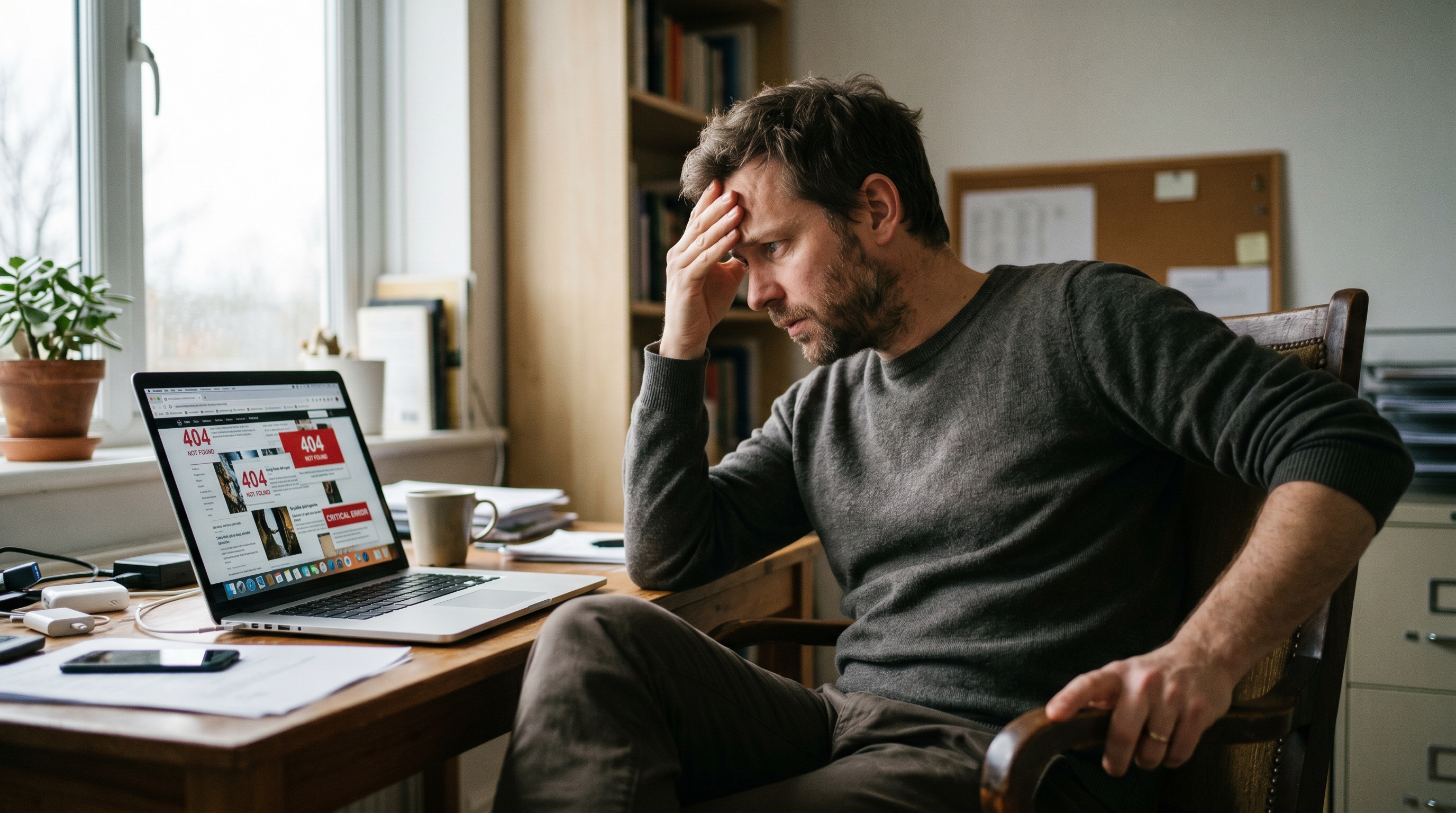 Entrepreneur perplexe devant un ordinateur portable affichant un site web en désordre, expression de frustration, lumière naturelle latérale