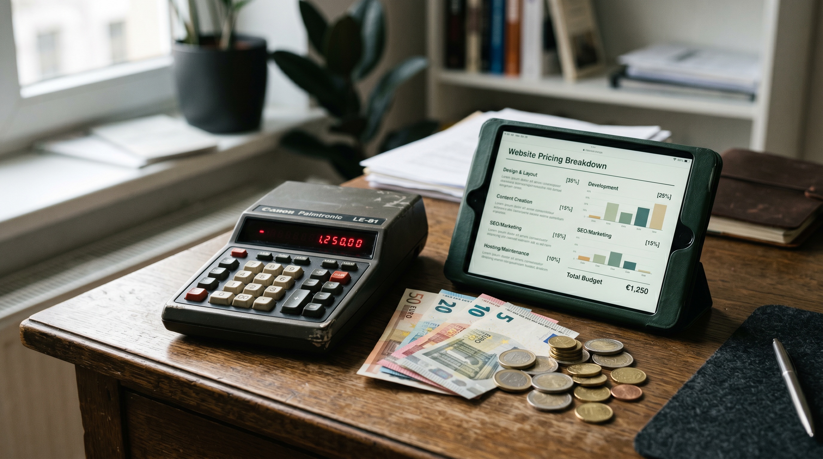 Calculatrice posée à côté de pièces et billets euros, tablette montrant un graphique de répartition de budget de site web, lumière naturelle