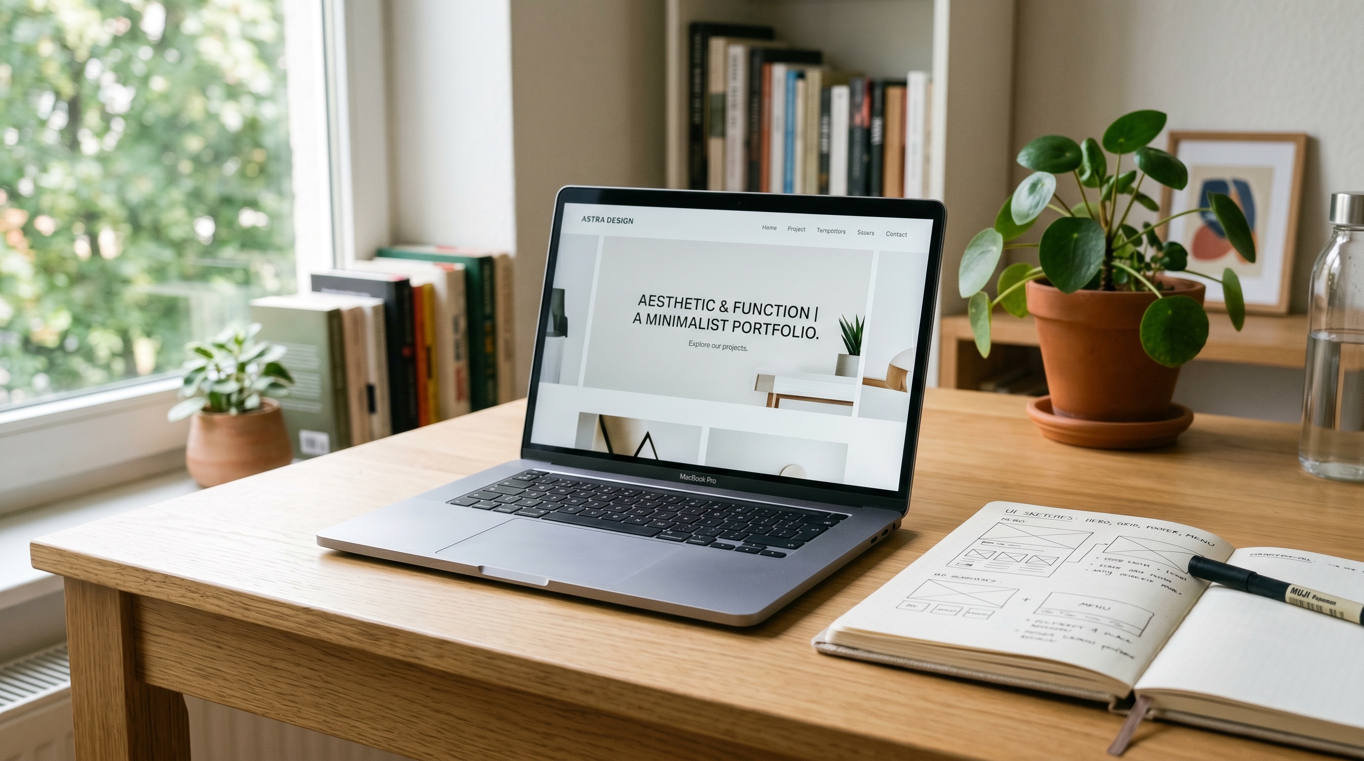Ordinateur portable sur un bureau en bois affichant la maquette d'un site web moderne, carnet avec wireframes dessinés à la main, lumière naturelle douce