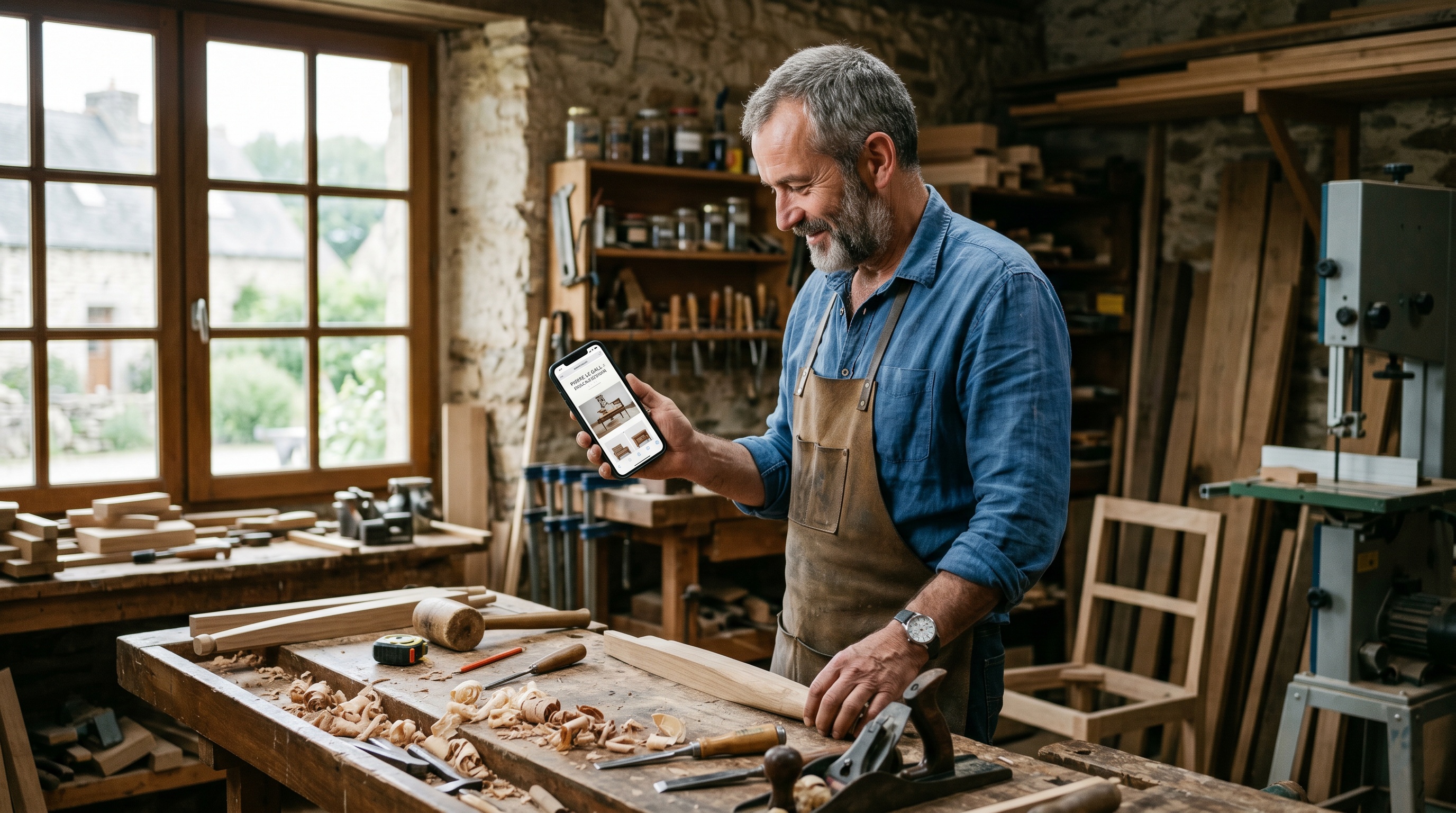 Artisan en Bretagne dans son atelier, vérifiant son smartphone qui affiche son propre site web moderne, copeaux de bois et outils en premier plan, lumière naturelle d'atelier