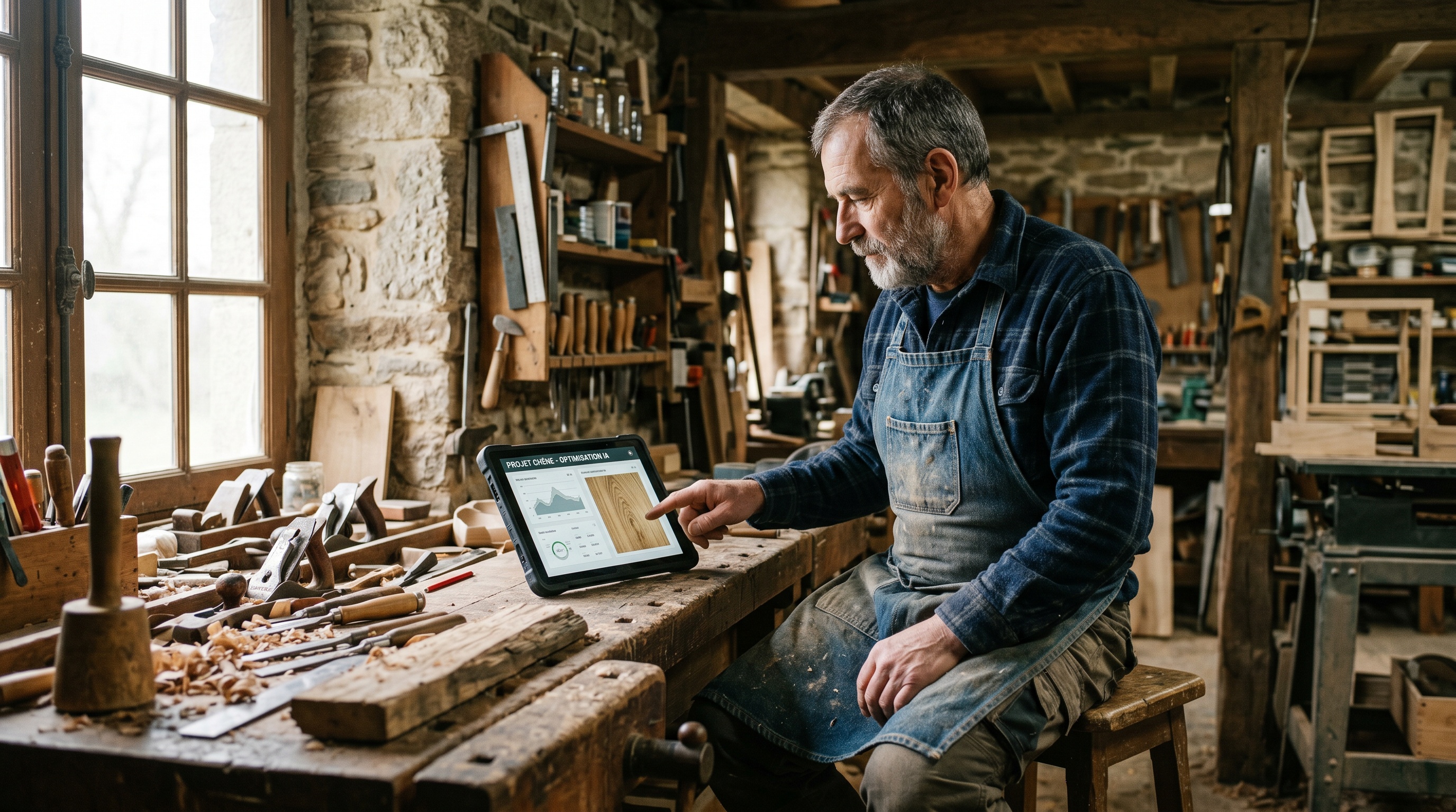 Artisan breton dans son atelier en pierre utilisant une tablette qui affiche un dashboard IA, outils et copeaux au premier plan, lumière naturelle douce