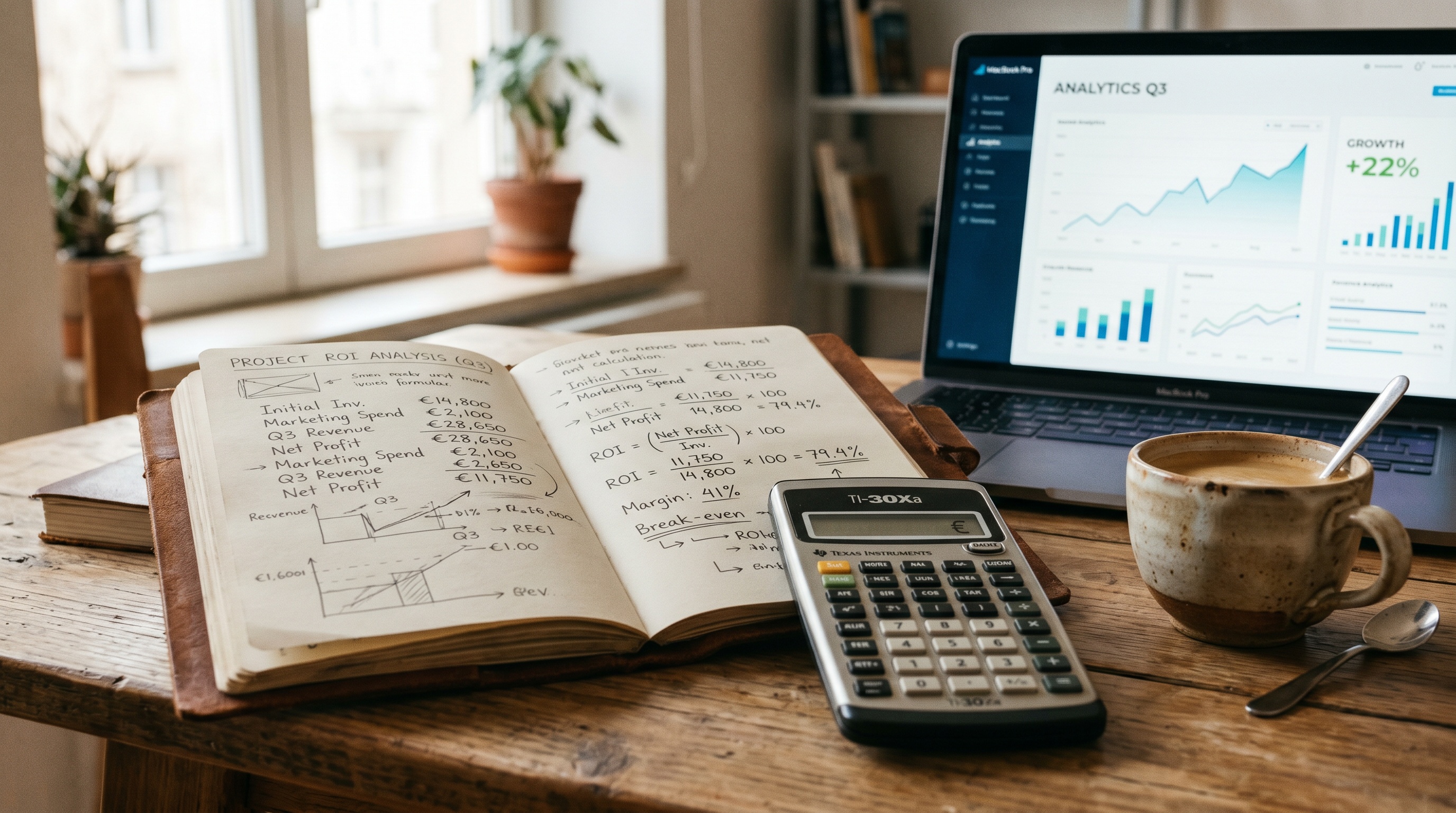 Carnet en cuir avec calculs de ROI manuscrits au crayon, calculatrice vintage, tasse à café, dashboard analytique en arrière-plan