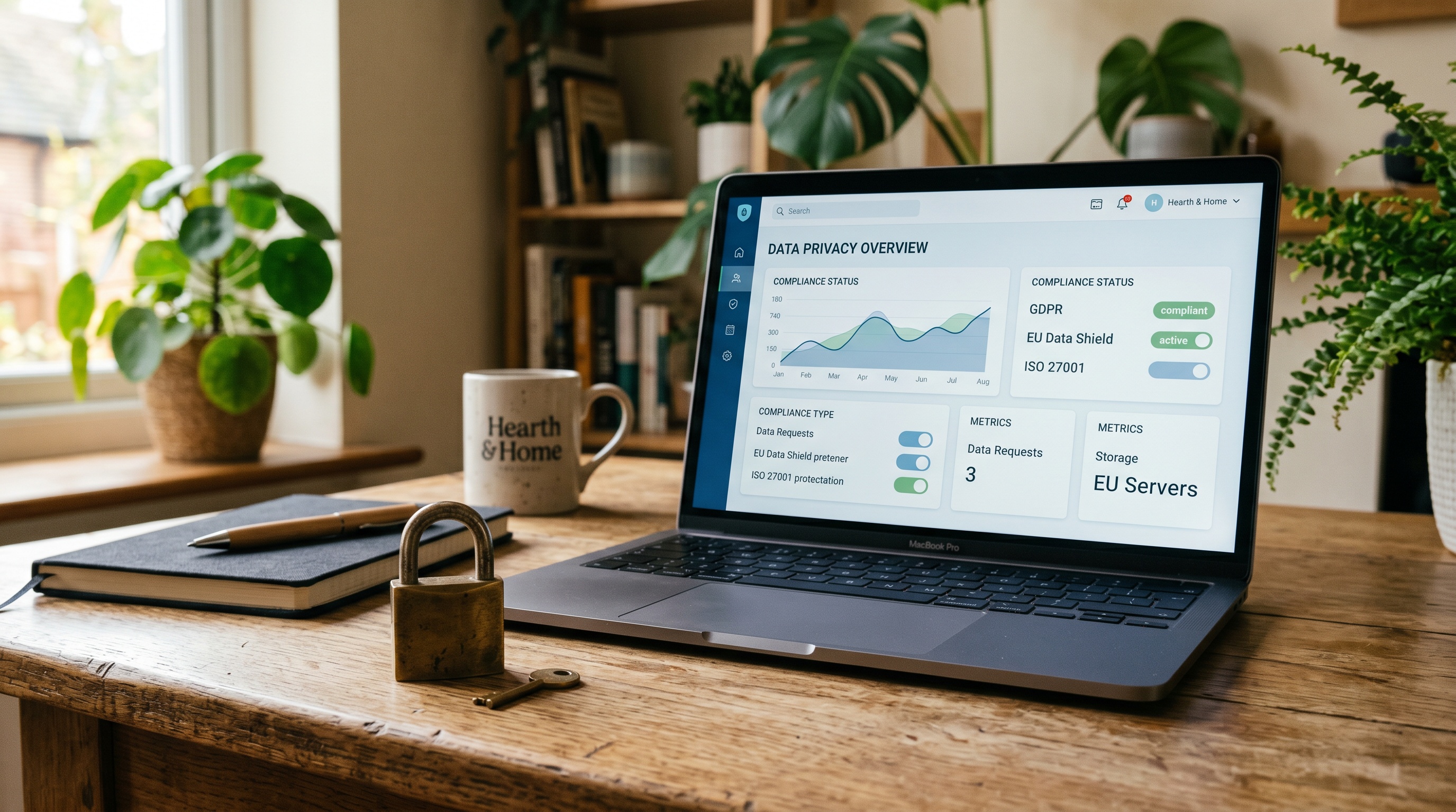 Ordinateur portable affichant un dashboard de protection des données européen, cadenas et clé sur un bureau en bois, ambiance feutrée et professionnelle