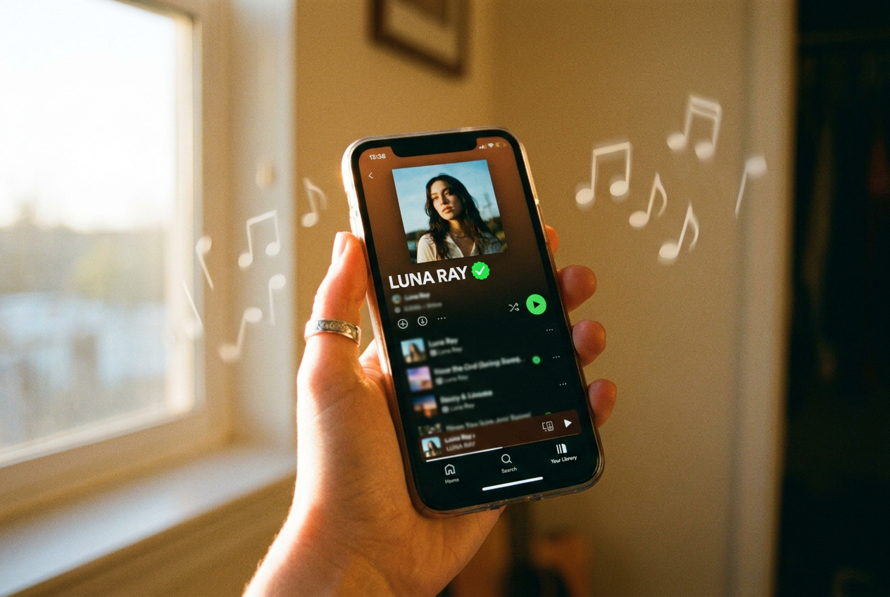 alt text: A smartphone screen showing a Spotify artist profile with a green verification badge, surrounded by floating musical notes and a subtle digital glow