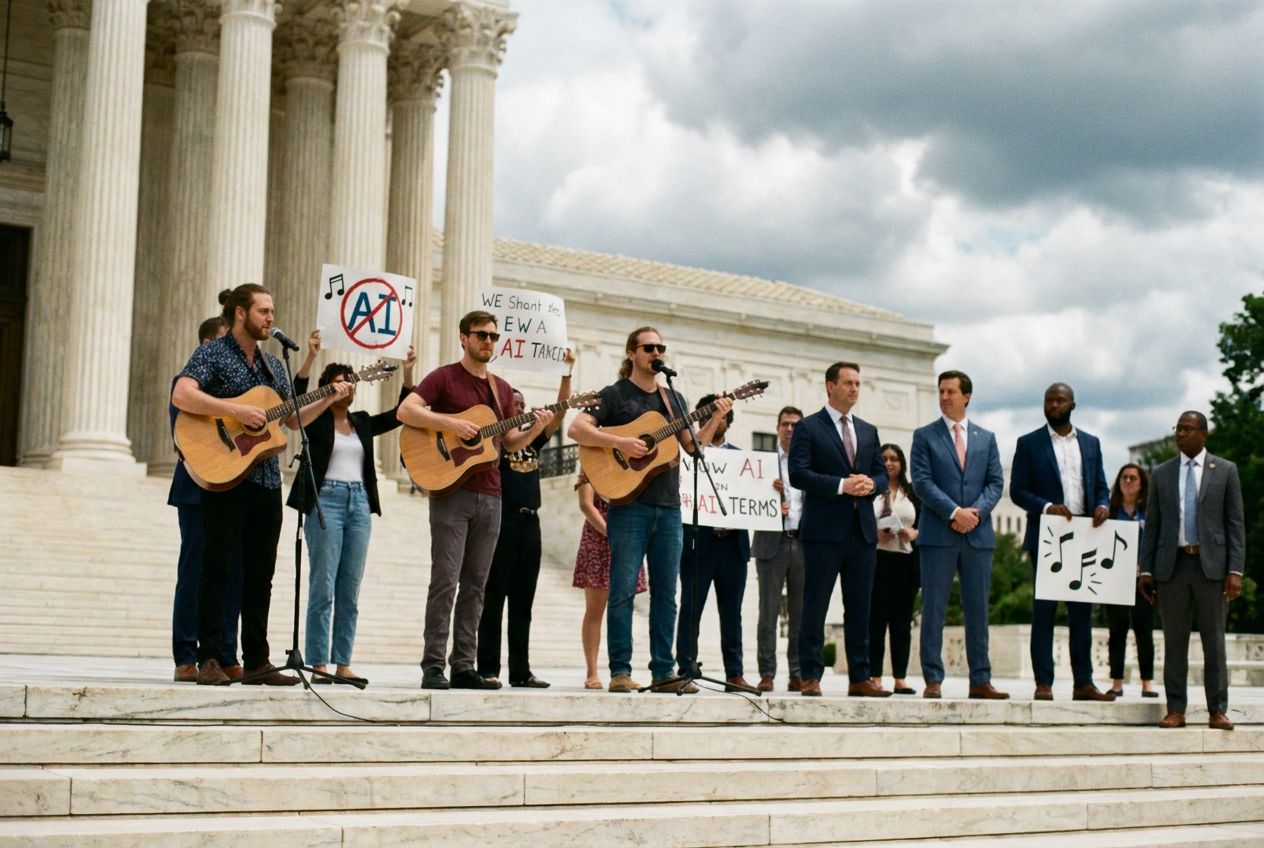alt text: Musicians and lawmakers gathered on the steps of the U.S. Capitol building advocating for AI music legislation