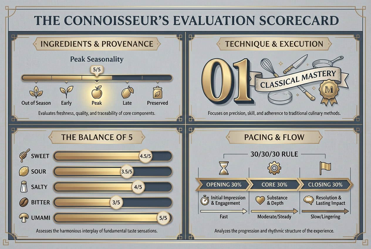 A professional fine dining evaluation scorecard showing criteria for ingredients, technique, balance of flavors, and meal pacing for connoisseurs.