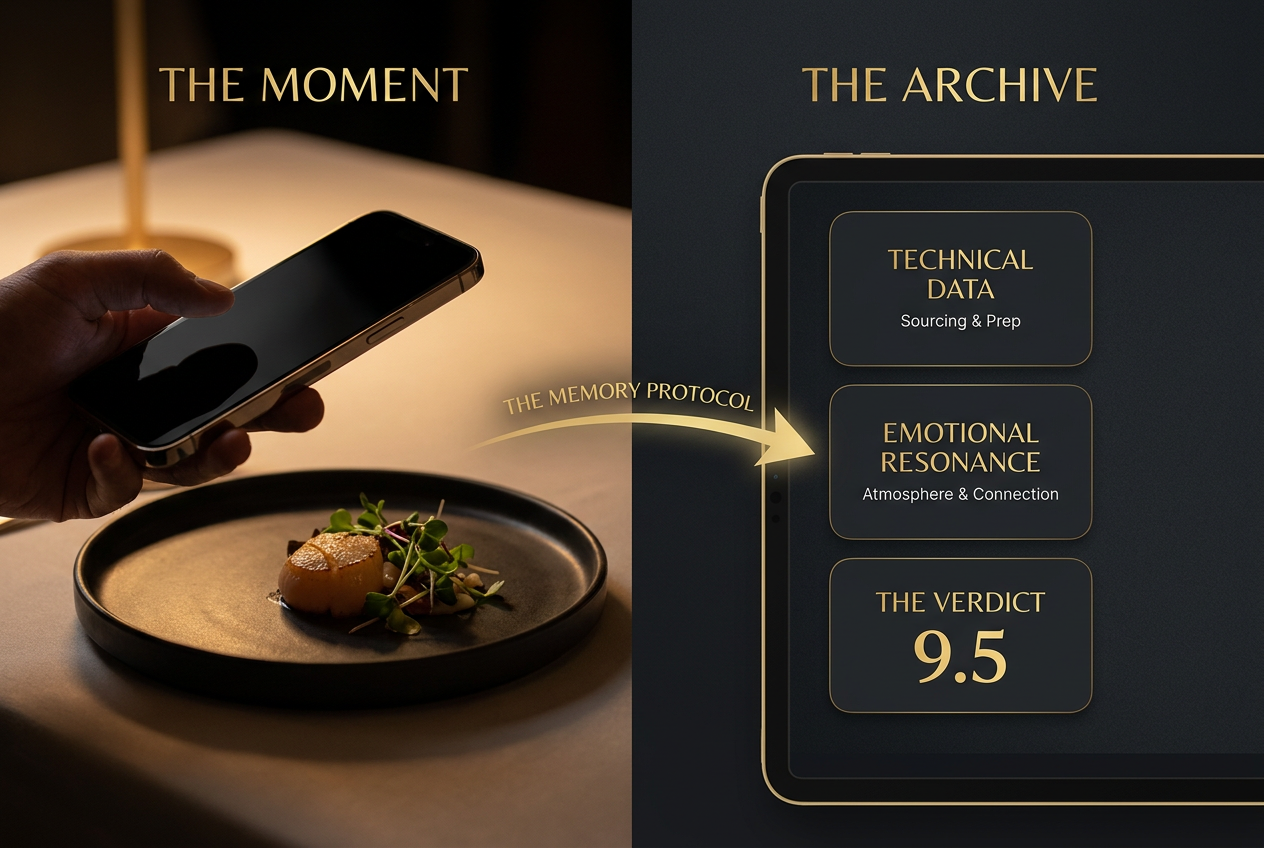 An illustration showing how to discreetly document fine dining meals and organize technical and emotional notes into a private digital archive.