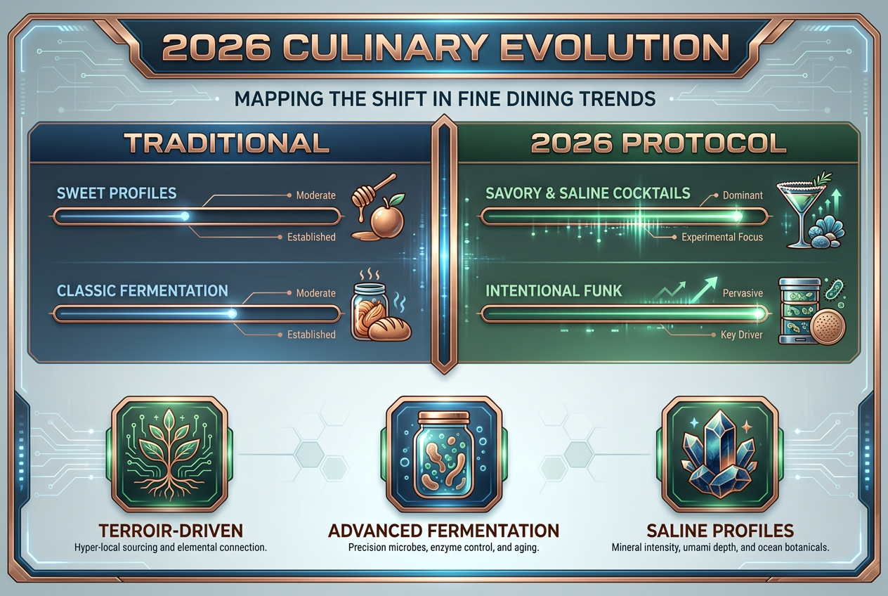 A chart comparing traditional fine dining trends with 2026 predictions including savory cocktails, intentional fermentation, and terroir-driven sourcing.