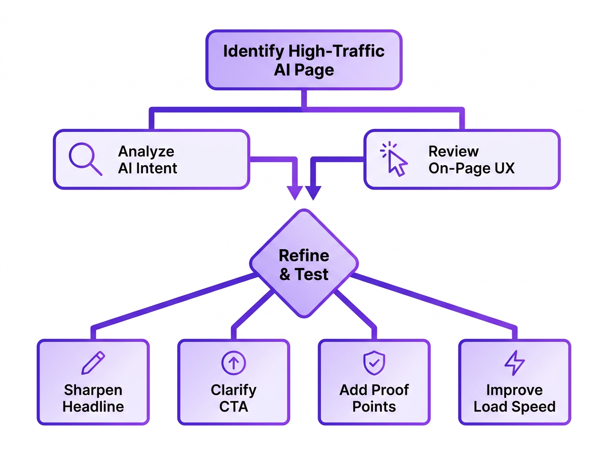 Diagram showing the workflow for page-level LLM referral traffic optimization.